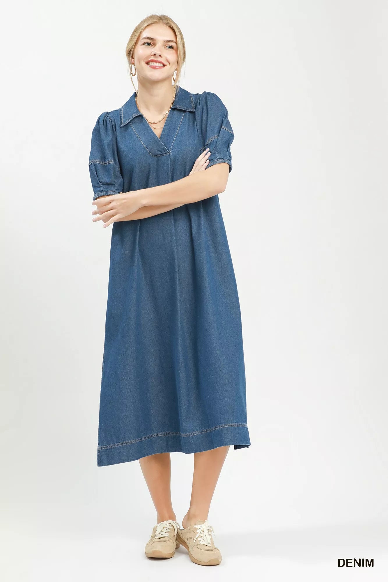 Umgee Chambray Collared Puff Sleeve Dress - DENIM - Bexa Boutique