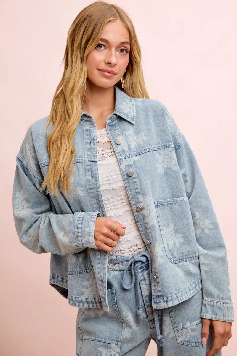 BiBi Printed Washed Denim Jacket With Pocket - DENIM - Bexa Boutique