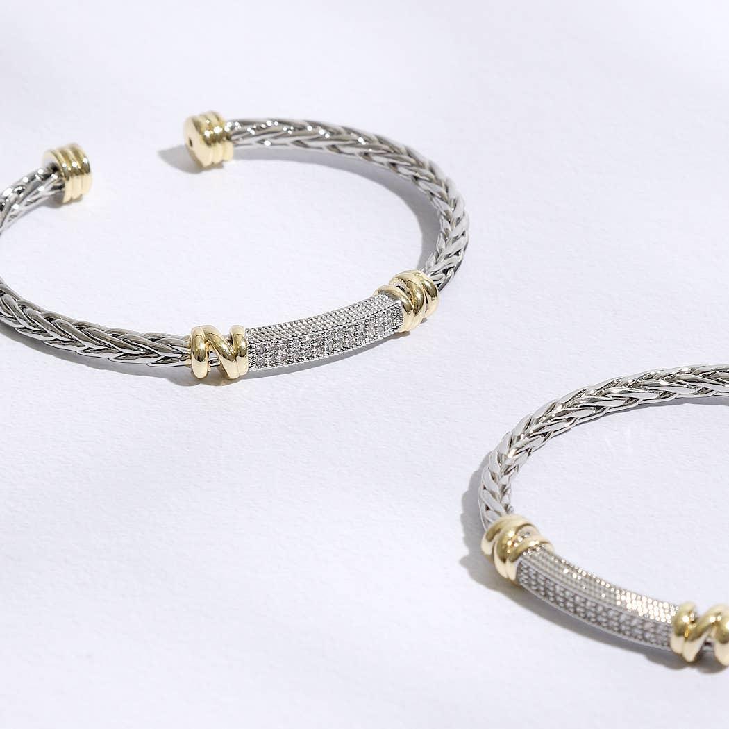 Braid Bangle CZ Bar Center Cylinder Edge Bracelet