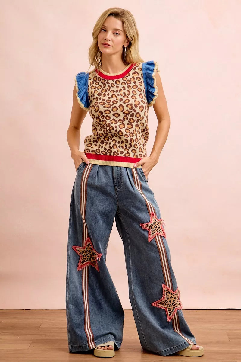 BiBi 4th Of July Leopard Ruffled Detail Knit Top - LEOPARD/RED/BLUE - Bexa Boutique