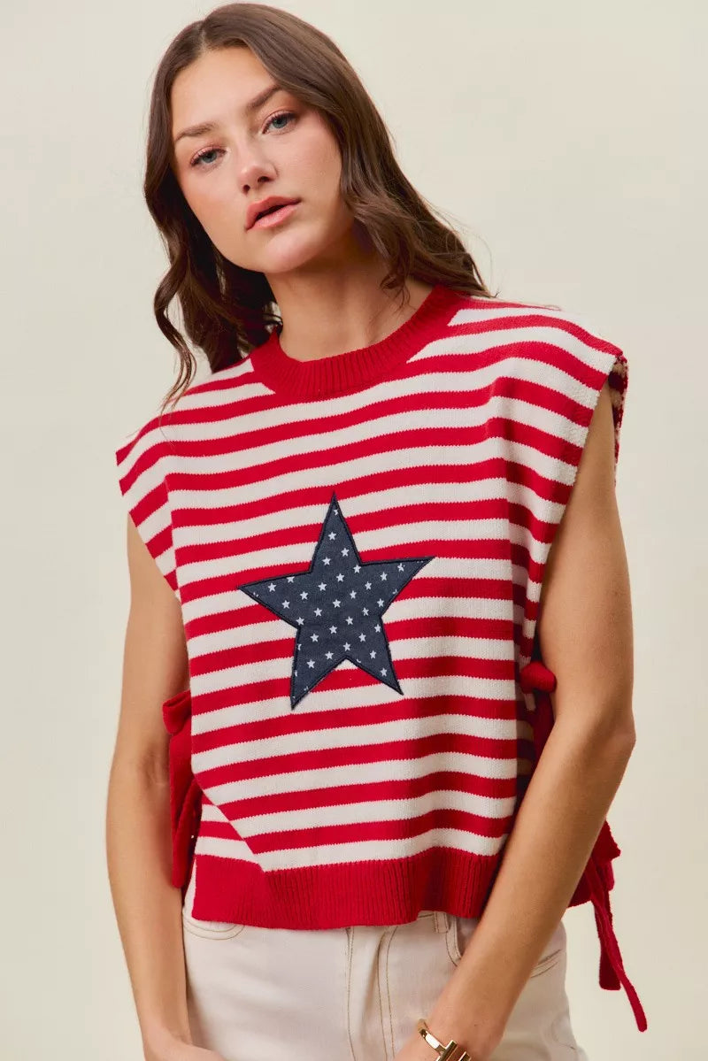 SO ME Stripe Star Patch 4th Of July Side Tie Vest Top - RED/IVORY - Bexa Boutique
