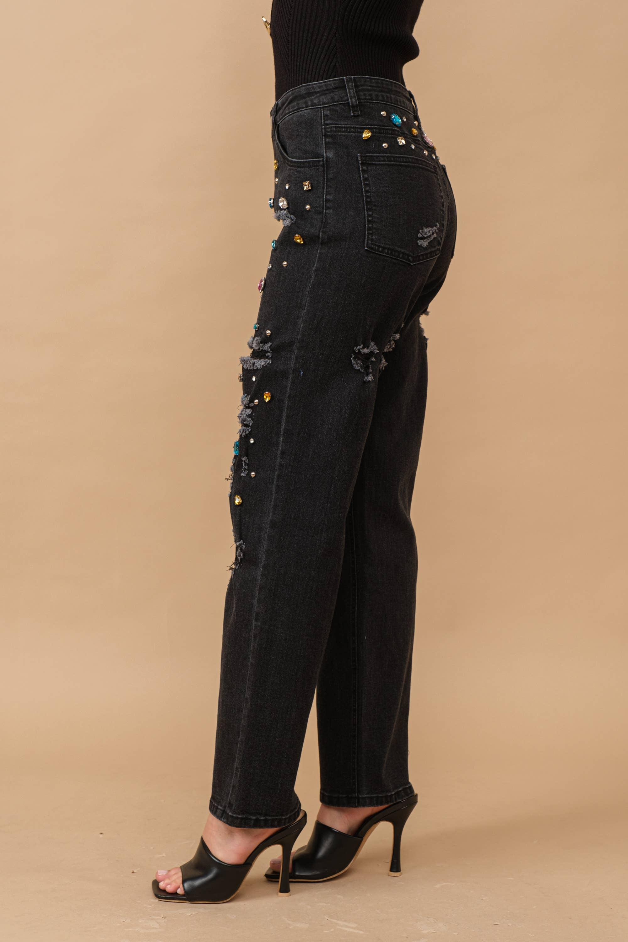 Blue B High Waisted Rhinestone Straight cut Denim Jeans