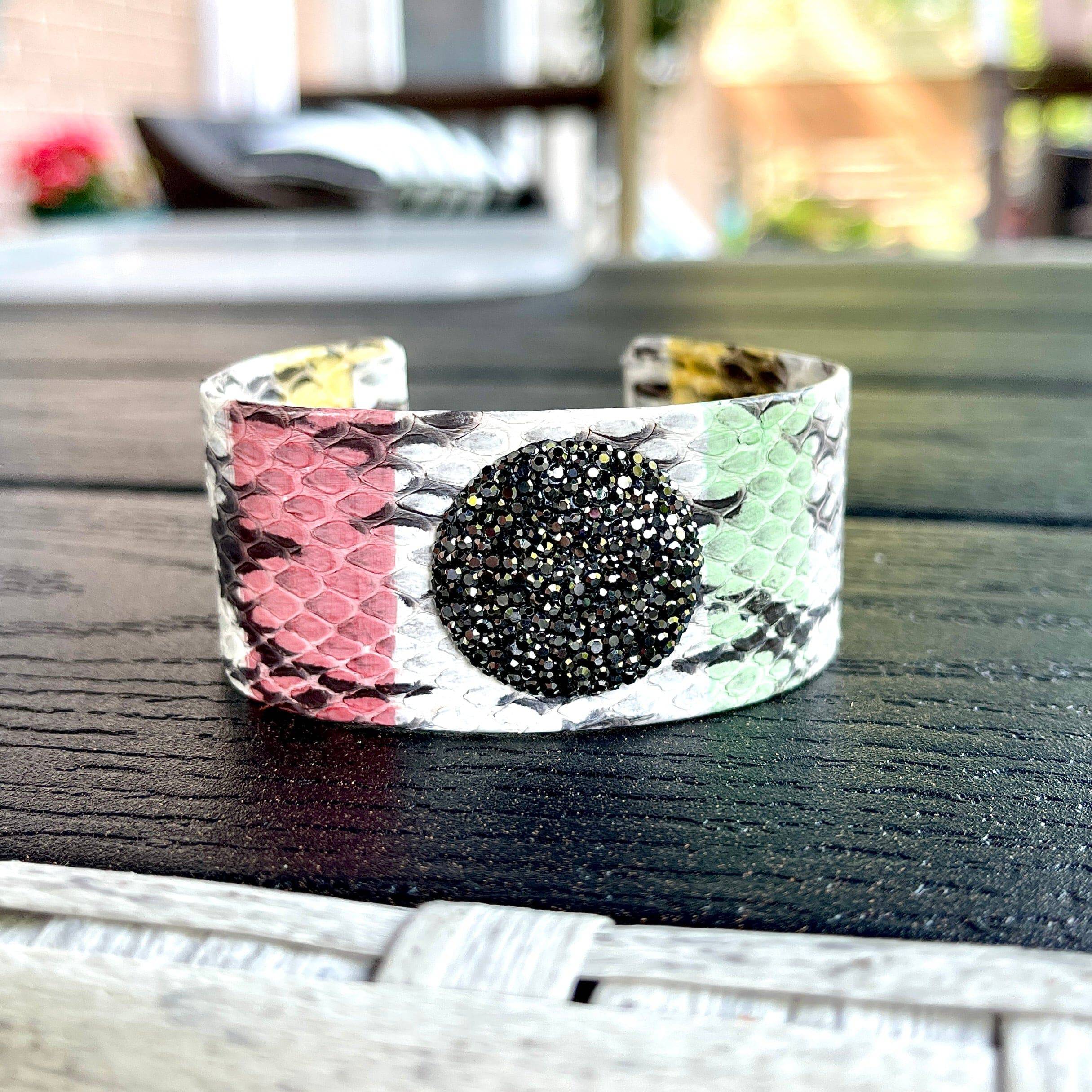 Wide Leather Cuff Bracelet with a Round Rhinestone Accent - Bexa Boutique