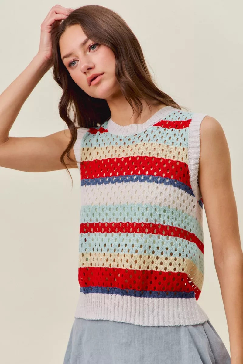 SO ME Tie Back Multi Stripe Sweater Knit Tank Top - RED MULTI - Bexa Boutique