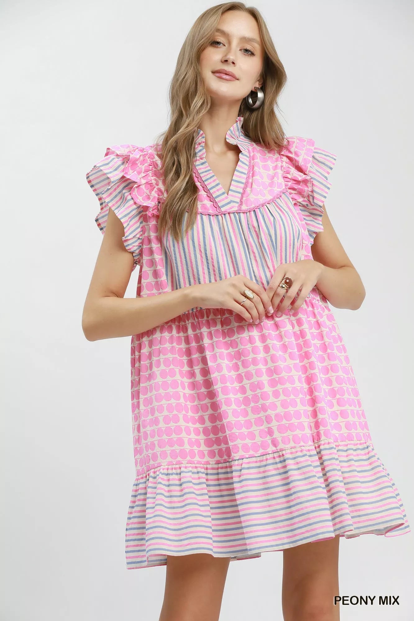 Umgee Mix Patchwork Flutter Sleeve Tiered Dress - PEONY MIX - Bexa Boutique