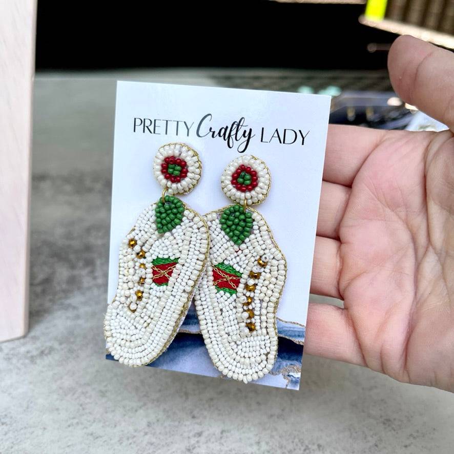 Red & Green Stripe Beaded White Sneaker Earrings - Pretty Crafty Lady Shop
