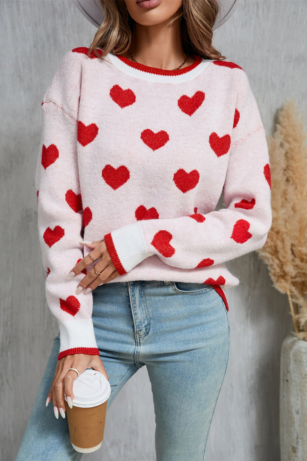 Angel Wings Contrast Trim Heart Round Neck Sweater