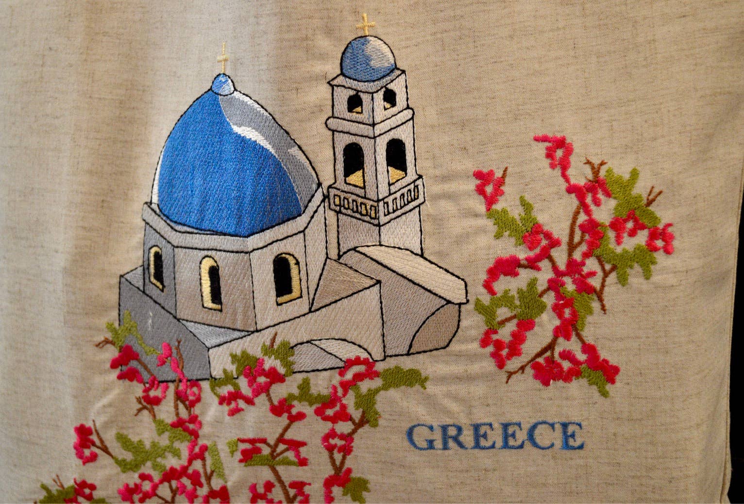 Santorini Church Embroidered Tote Bag