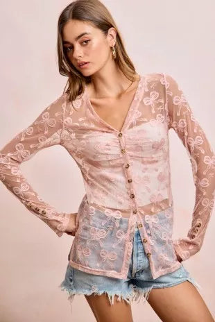 BiBi Bow Pattern Shrried V-neck Mesh Cardigan Top - DUSTY ROSE - Bexa Boutique