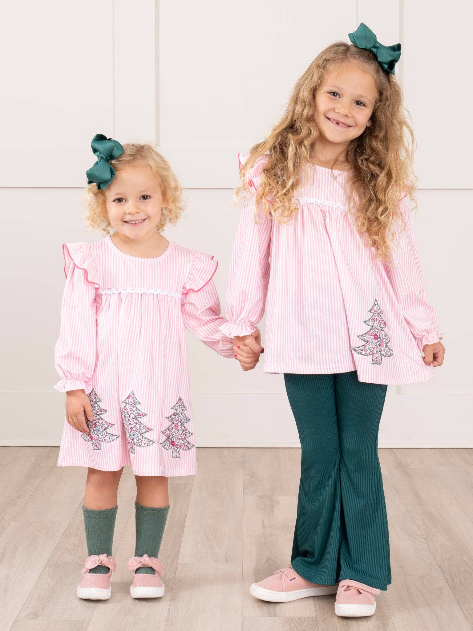 Pink Striped Embroidered Floral Trees Bell Bottoms Outfit