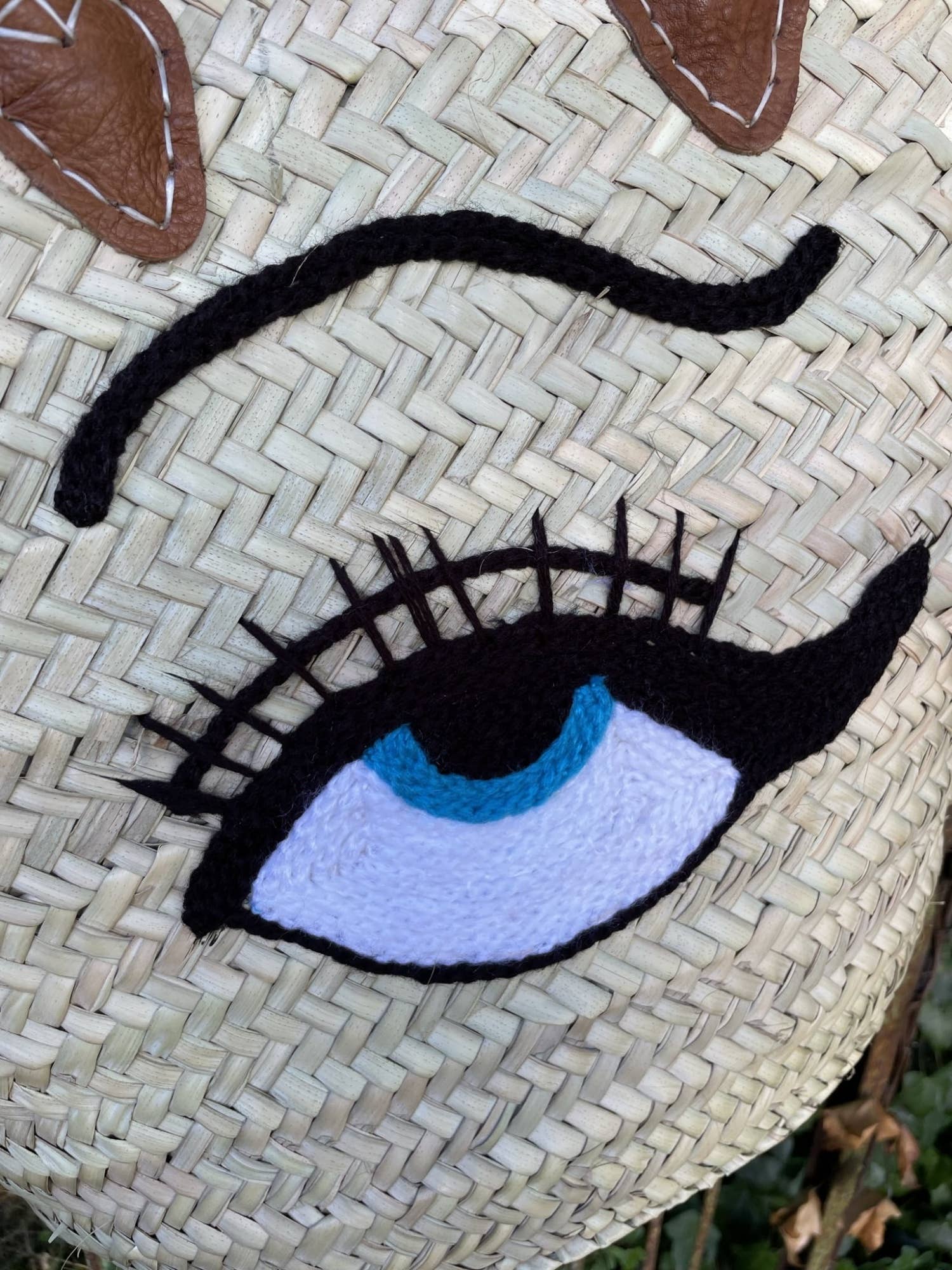 Handmade Straw Market Basket Tote with Eye & Lashes