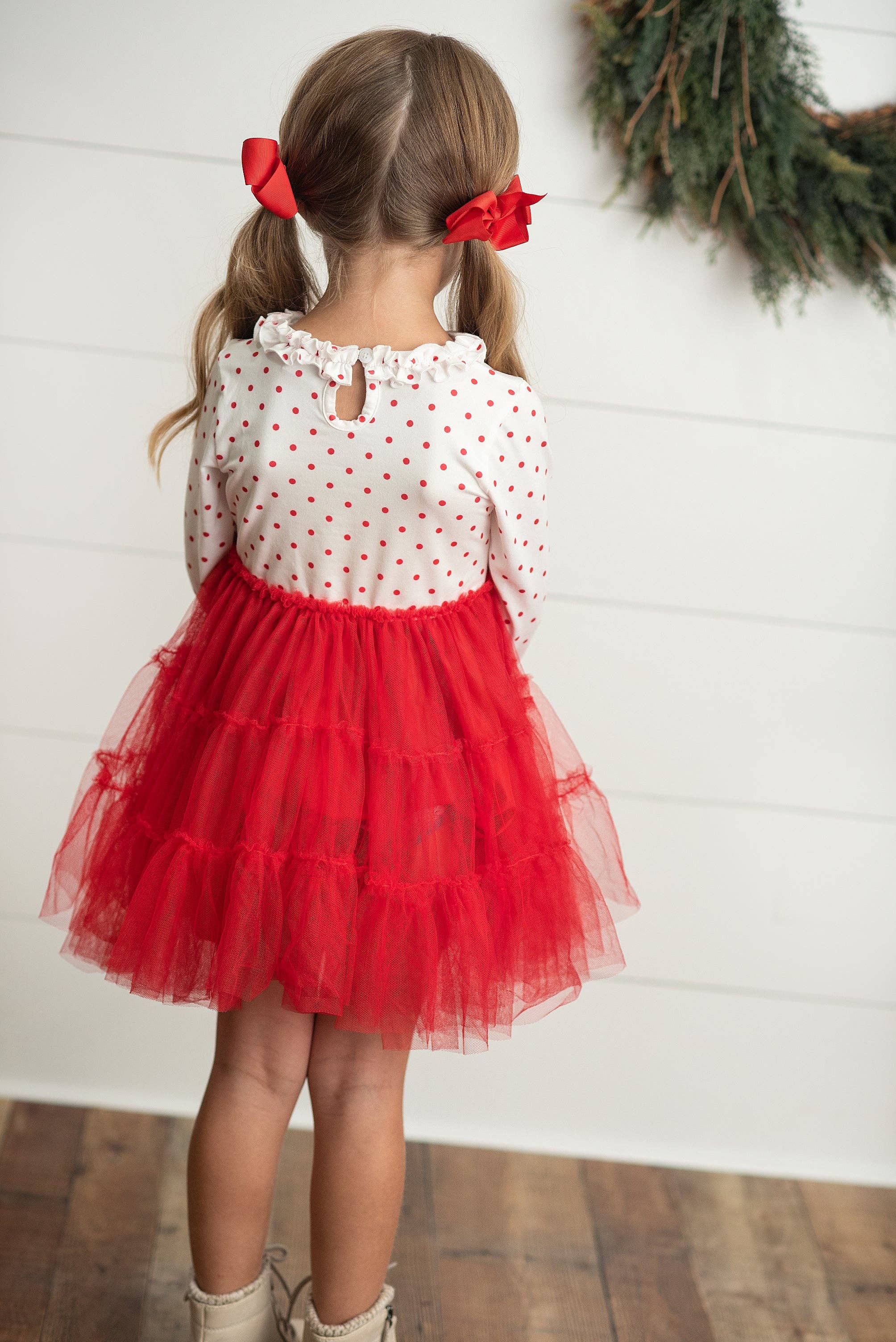 Red & White Dot Pom Pom Christmas Tree Tulle Dress