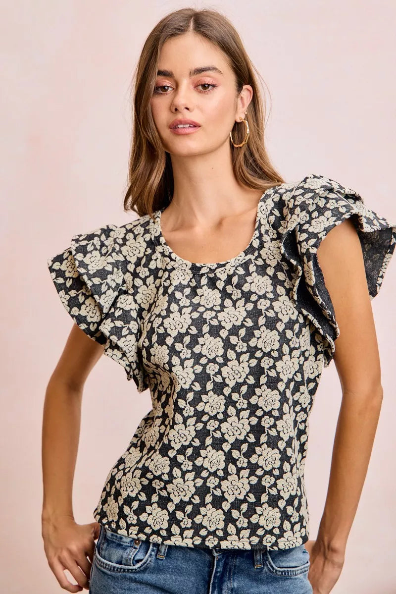 BiBi Floral Jacquard Ruffle Sleeves Knit Top - BLACK/LT GREY - Bexa Boutique