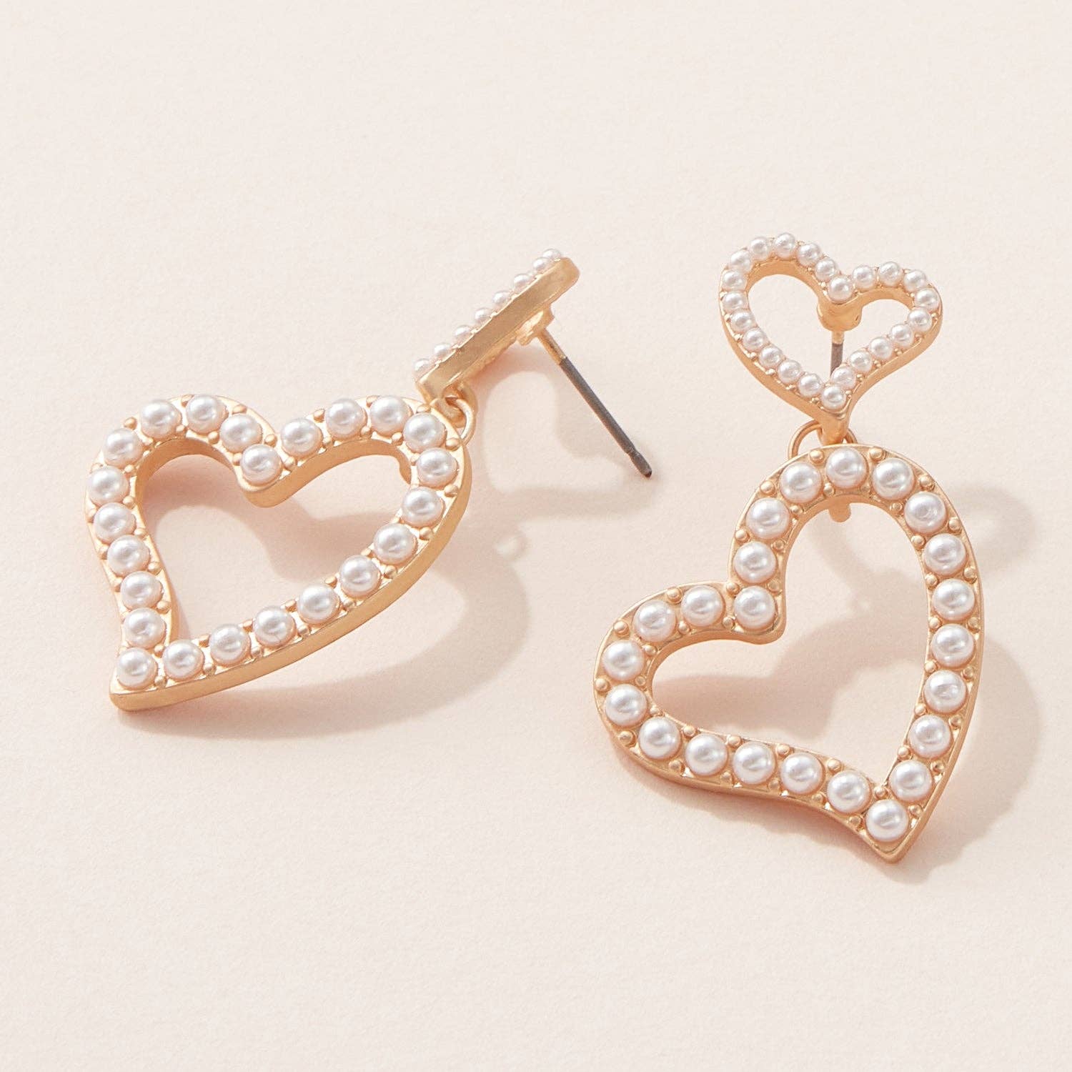 Double Heart Pearl Post Earrings