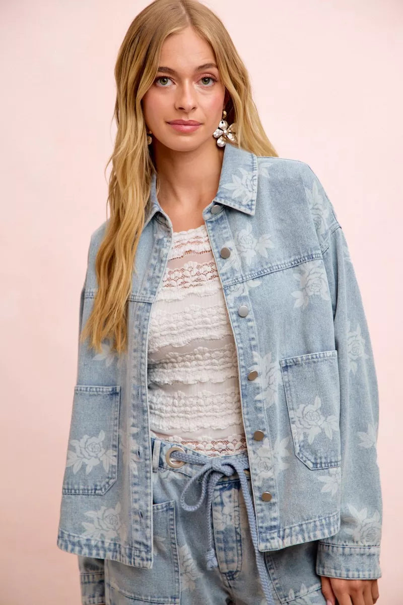 BiBi Printed Washed Denim Jacket With Pocket - DENIM - Bexa Boutique