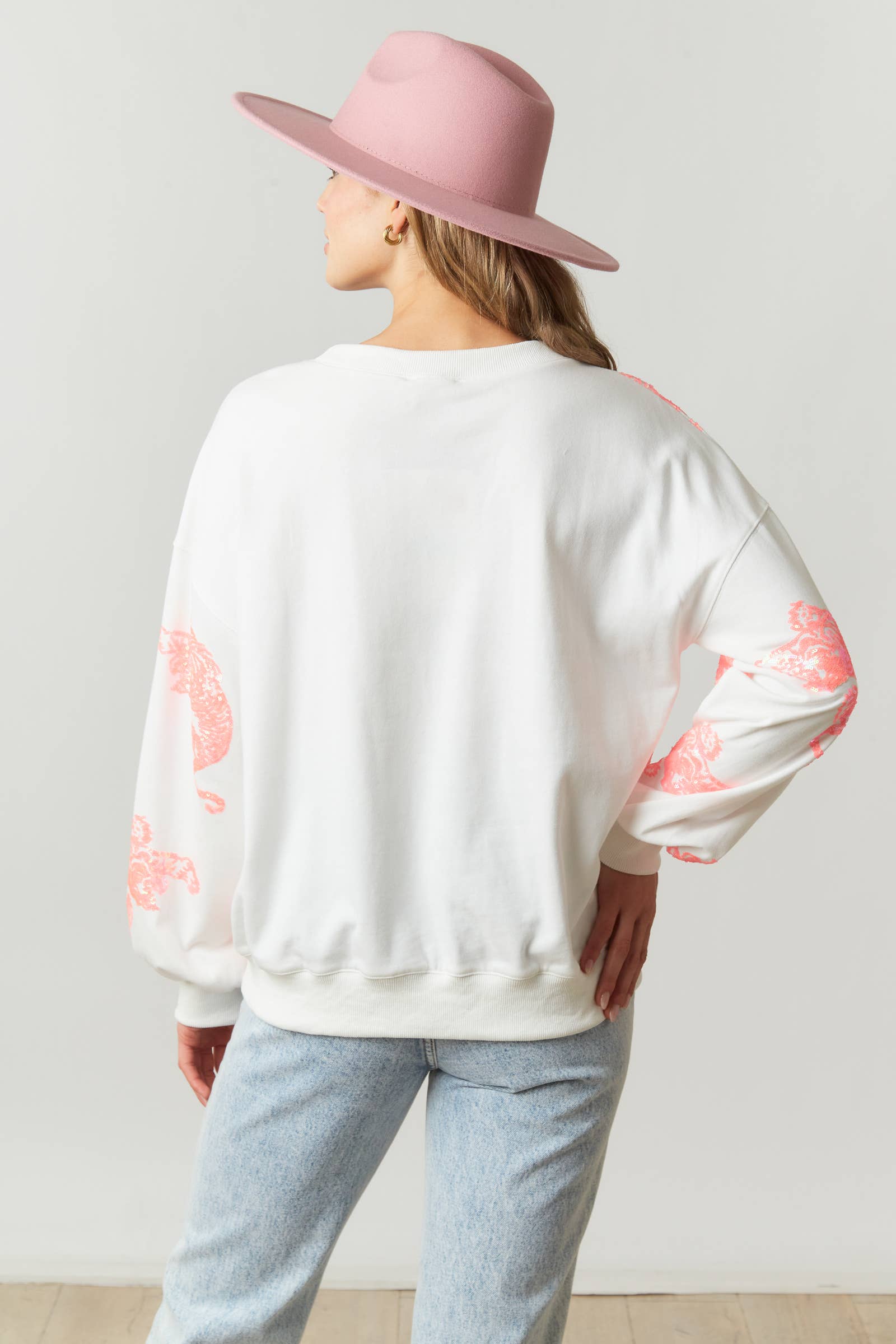 Crew Neck Pull Over with Sequin Tigers - IFKT54483-01: M / WHITE/PINK - Pretty Crafty Lady Shop