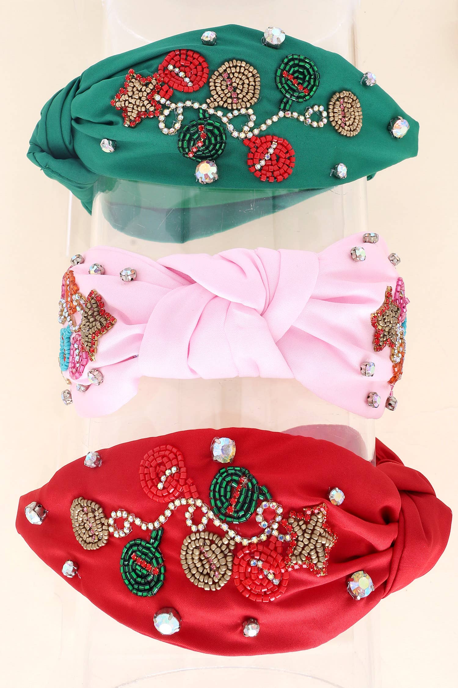 Jeweled Christmas Tree Beaded Knotted Headband: Pink - Bexa Boutique