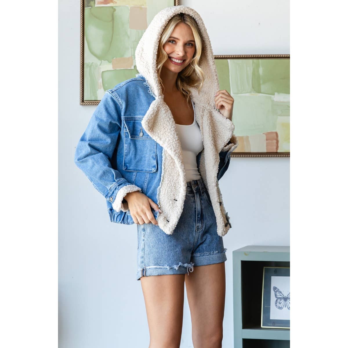 Faux Sherpa Hooded Denim Jacket