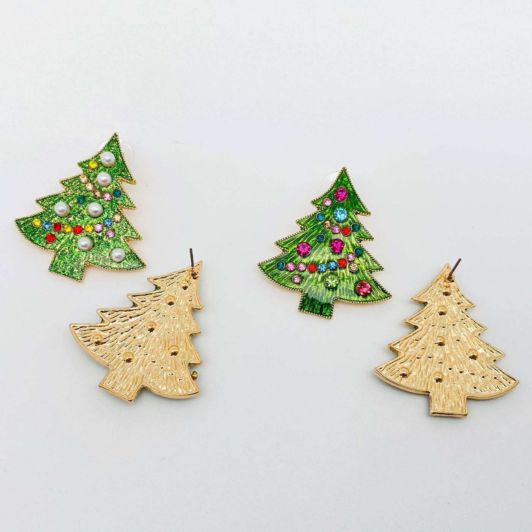 Christmas Tree Rhinestone Pearl Green Enamel Post Earrings