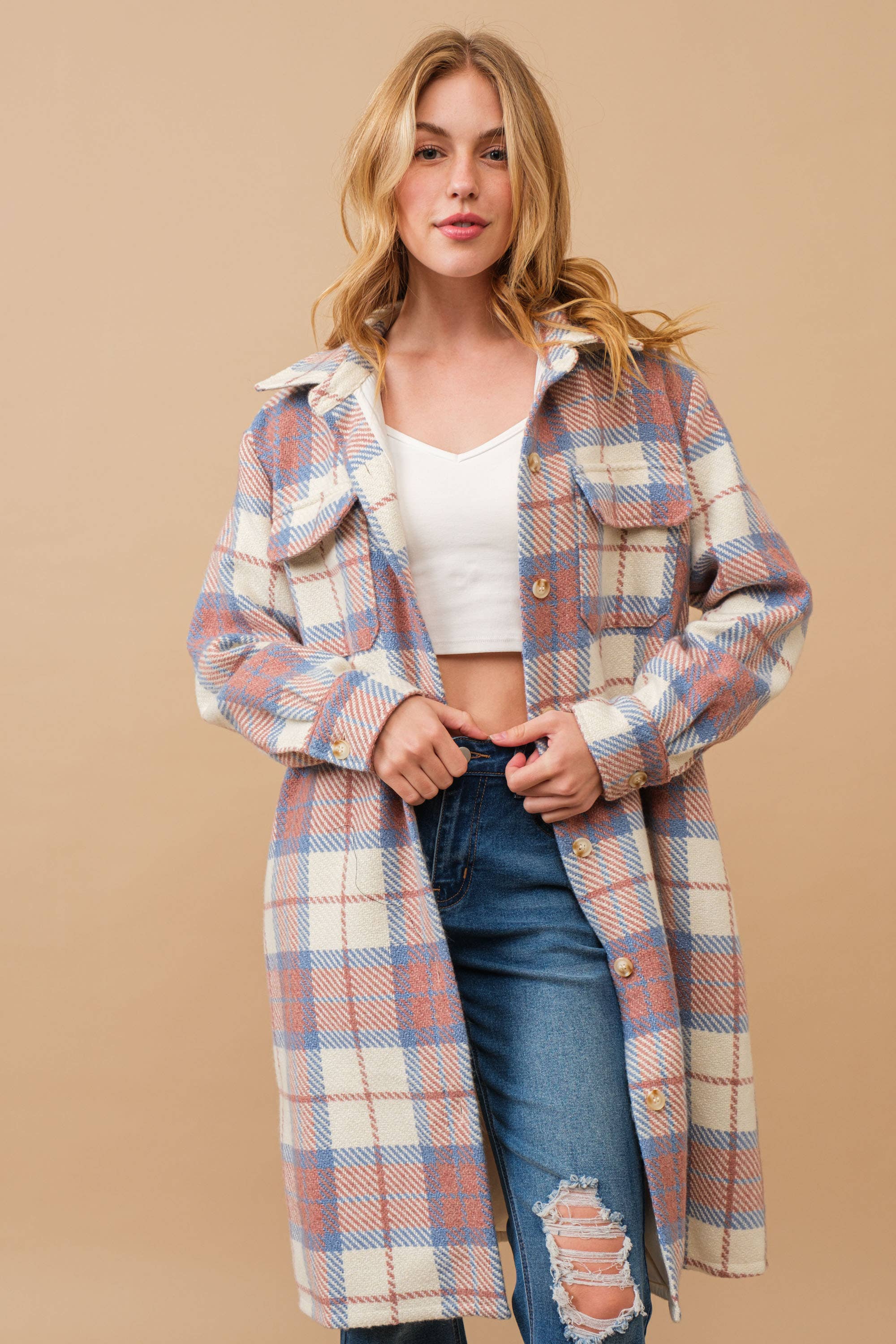 Yarn Dyed Button Up Pocket Front Long Jacket