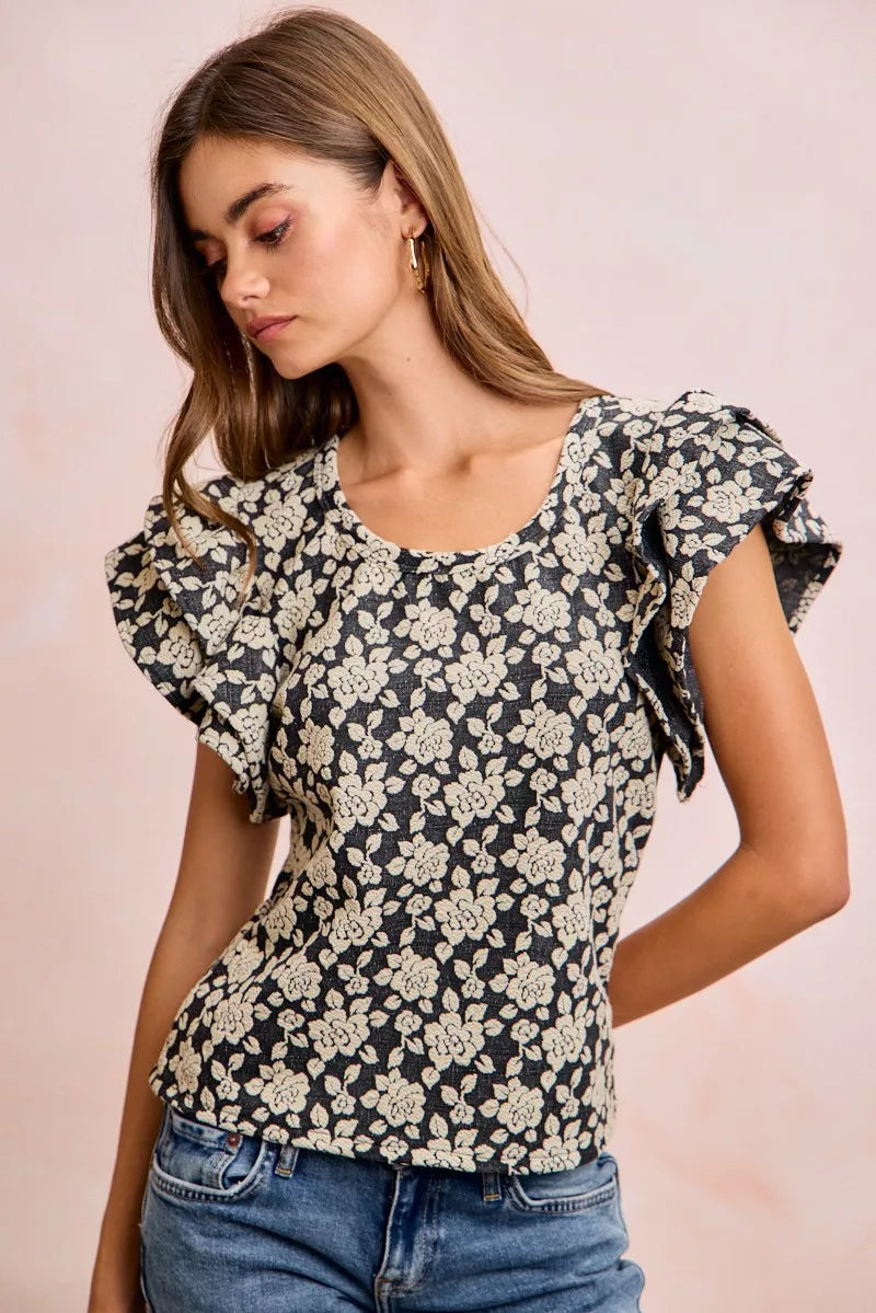 BiBi Floral Jacquard Ruffle Sleeves Knit Top - BLACK/LT GREY - Bexa Boutique