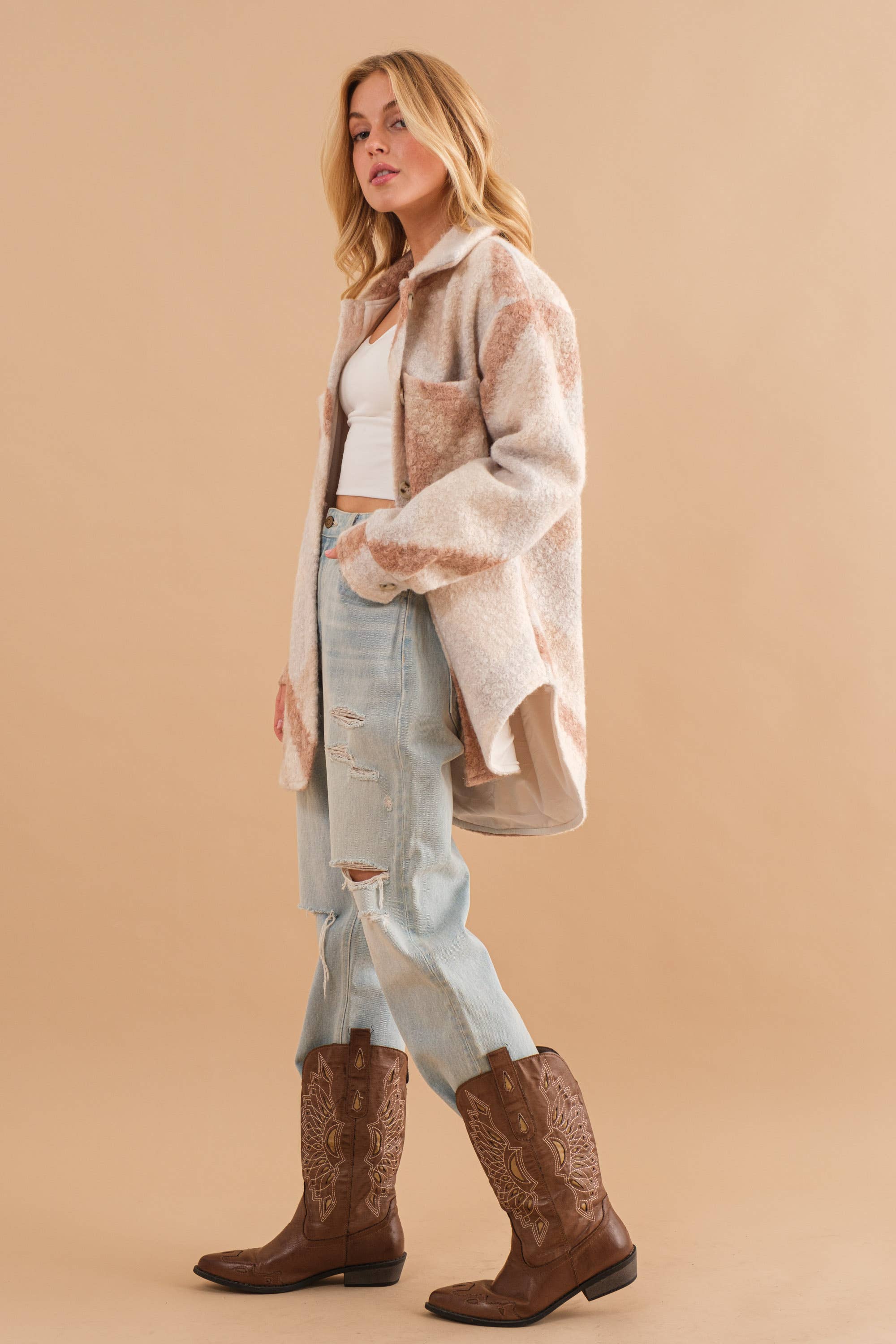 Oversized Teddy Marbled Button Up Coat Jacket