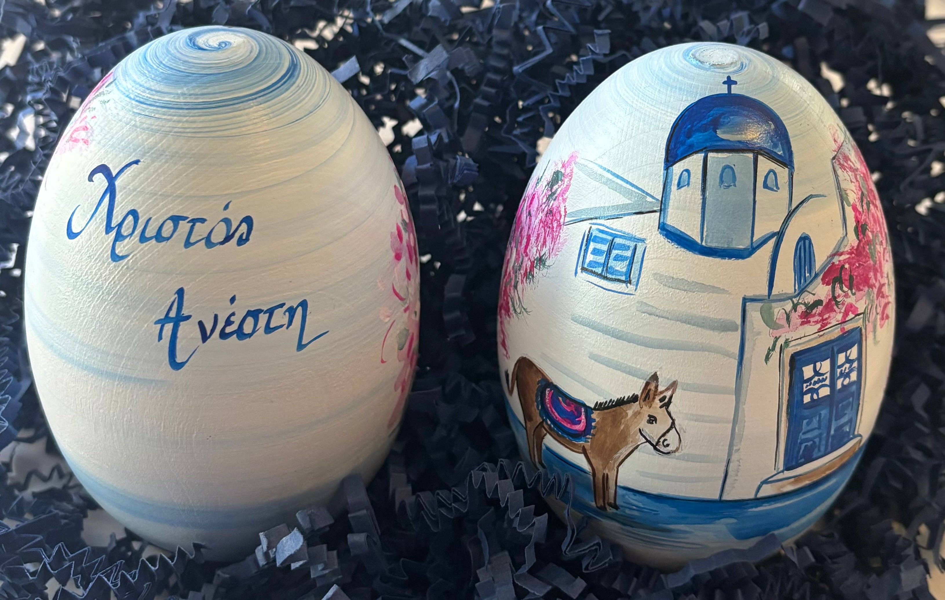 Easter Wooden Egg: Santorini Church and Donkey with Καλό Πάσχα - Bexa Boutique