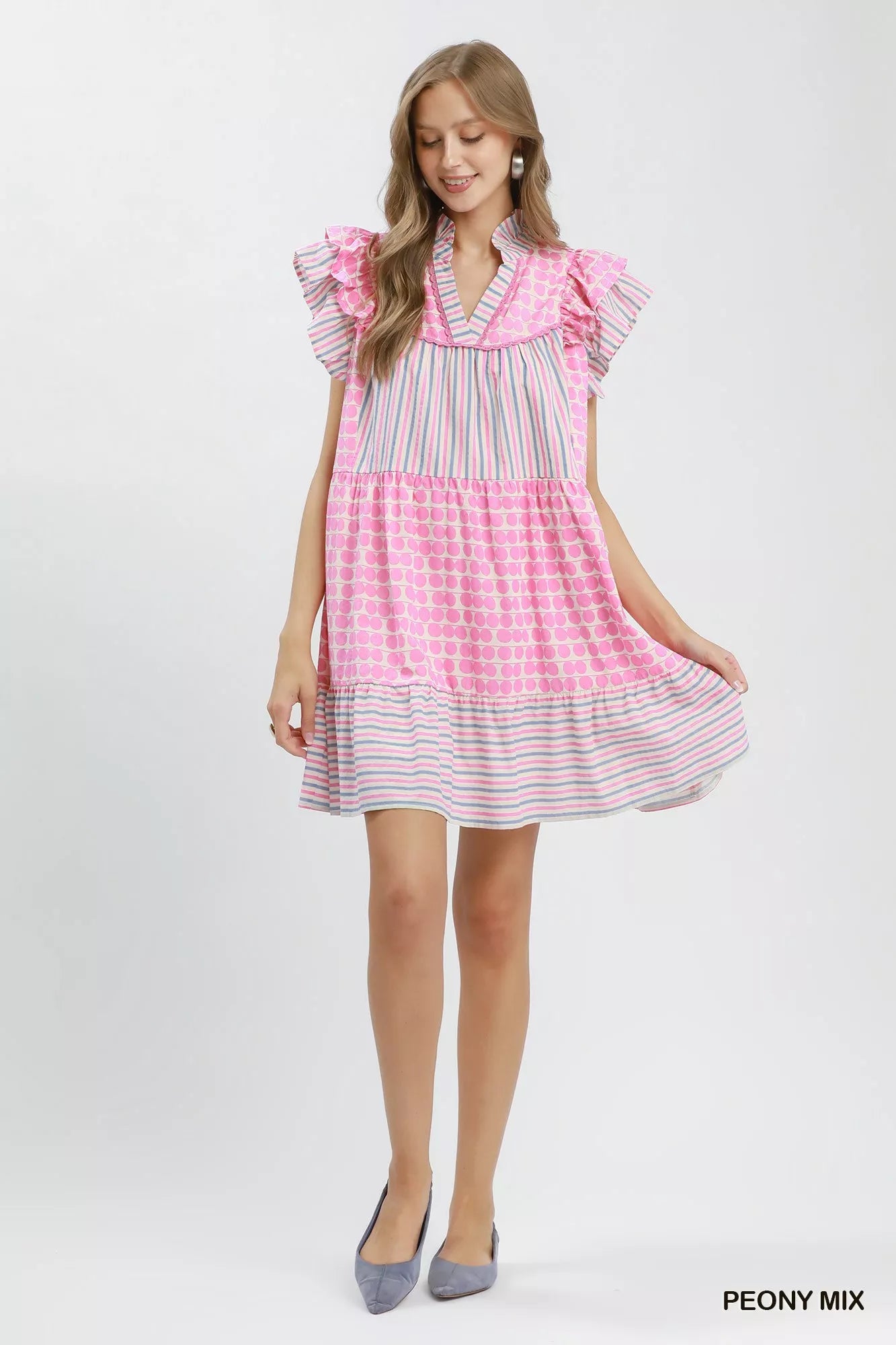 Umgee Mix Patchwork Flutter Sleeve Tiered Dress - PEONY MIX - Bexa Boutique