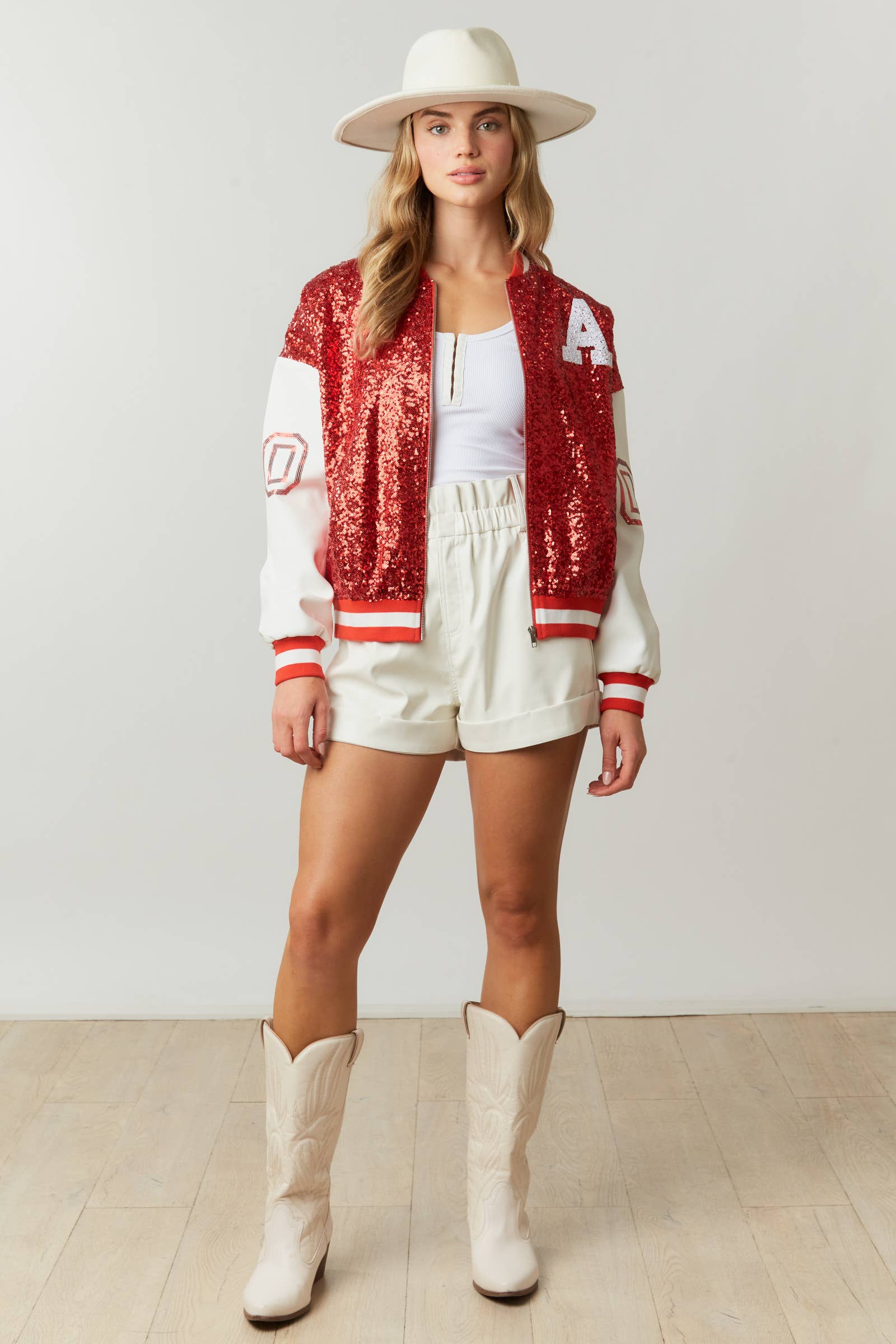 Sequin Baseball Jacket - IFJ63421-01: RED/WHITE / S - Pretty Crafty Lady Shop