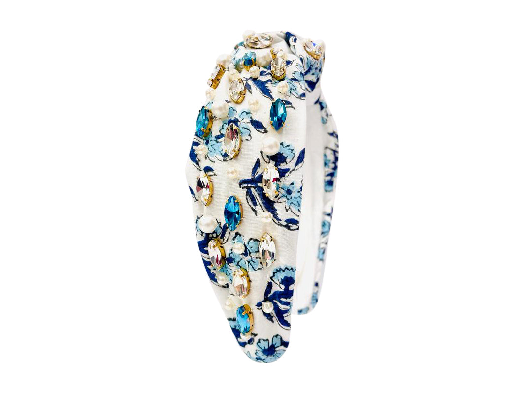 Spring Floral Print Headband - Blue and Clear Rhinestone