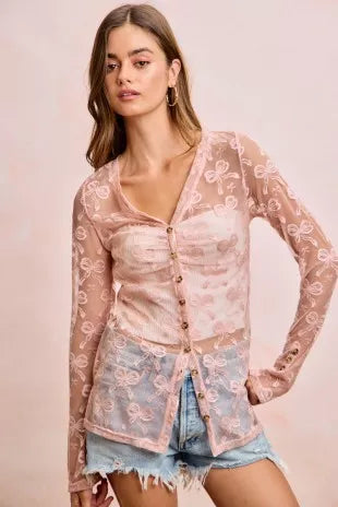 BiBi Bow Pattern Shrried V-neck Mesh Cardigan Top - DUSTY ROSE - Bexa Boutique