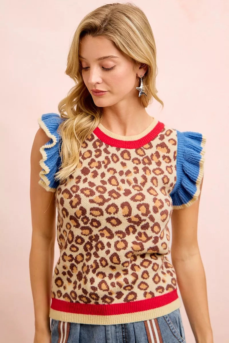 BiBi 4th Of July Leopard Ruffled Detail Knit Top - LEOPARD/RED/BLUE - Bexa Boutique