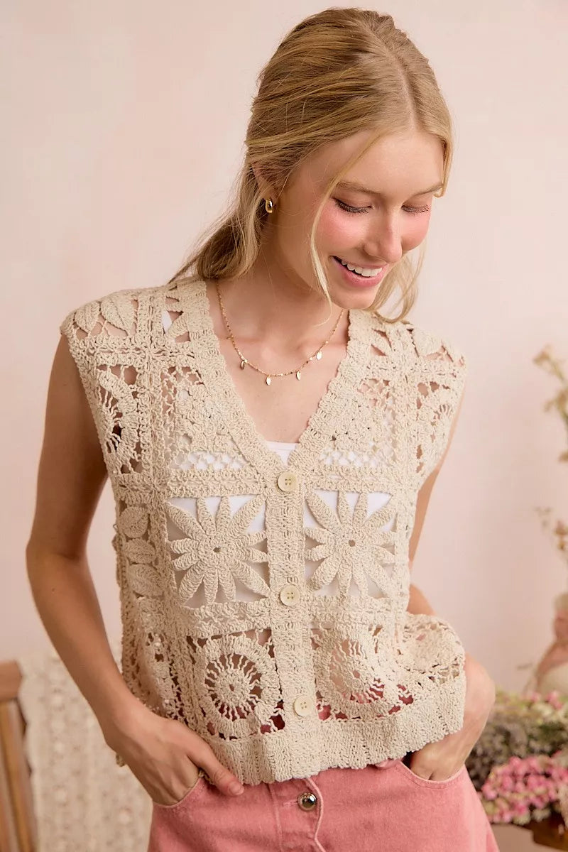 SO ME Summer Crochet Patterned Sleeveless Vest Top - NATURAL - Bexa Boutique