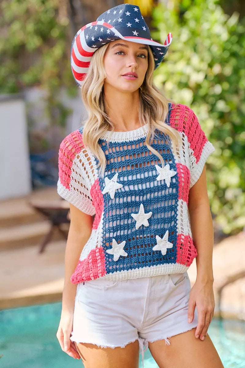 BiBi Crochet Star Patches 4th Of July Sweater Cover Up - AMERICAN FLAG - Bexa Boutique