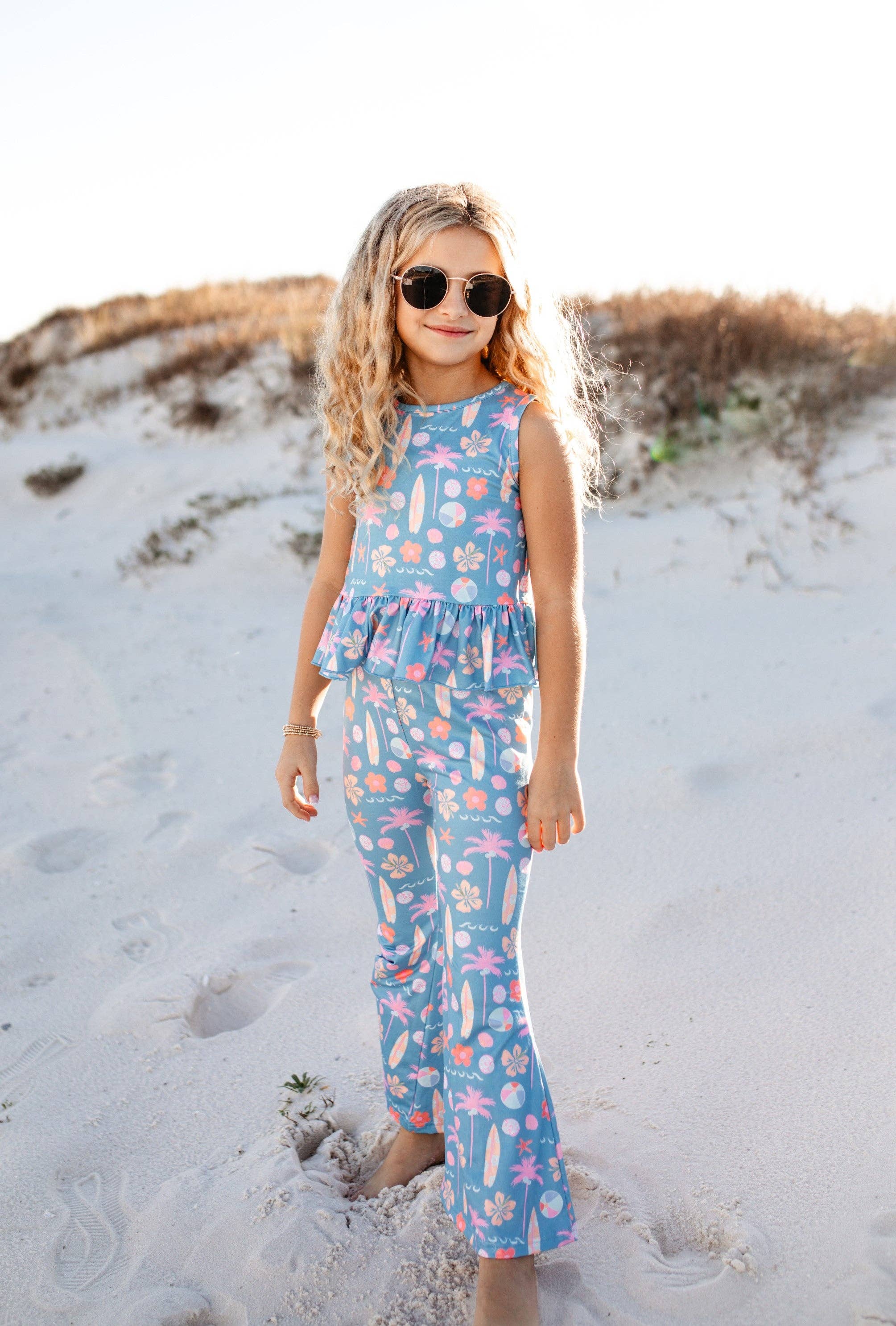 Kids Dusty Blue & Pink Summer Surf Print Flare Pant Set