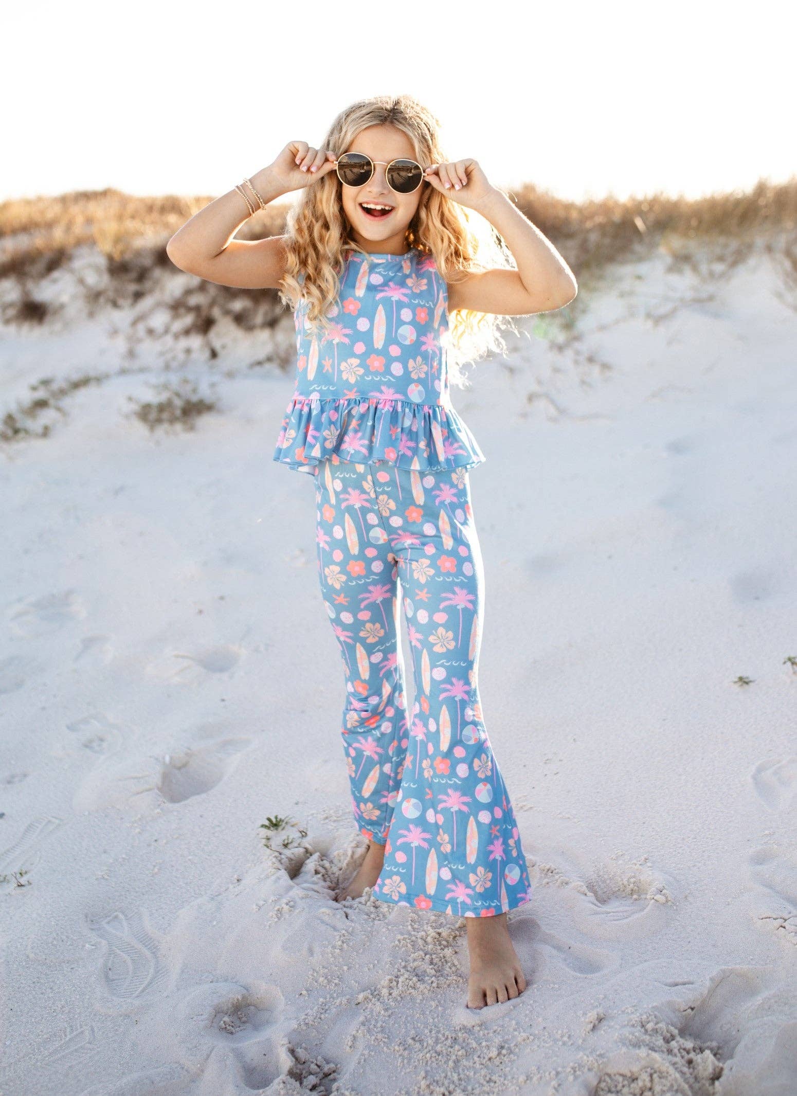 Kids Dusty Blue & Pink Summer Surf Print Flare Pant Set