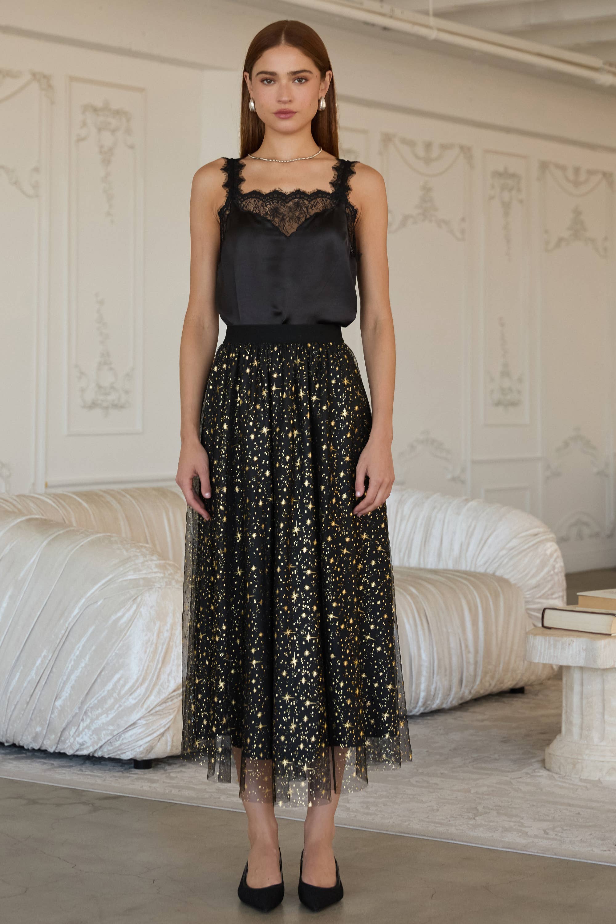 Mesh Gold Detail Star Printed Long Skirt
