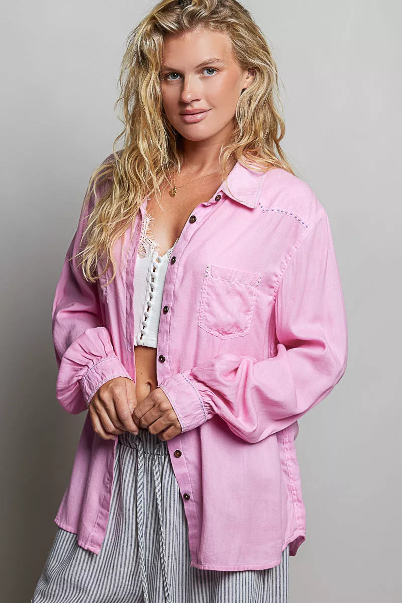 POL Washed Textured Cotton Western Button Front Shirt - CANDY PINK - Bexa Boutique