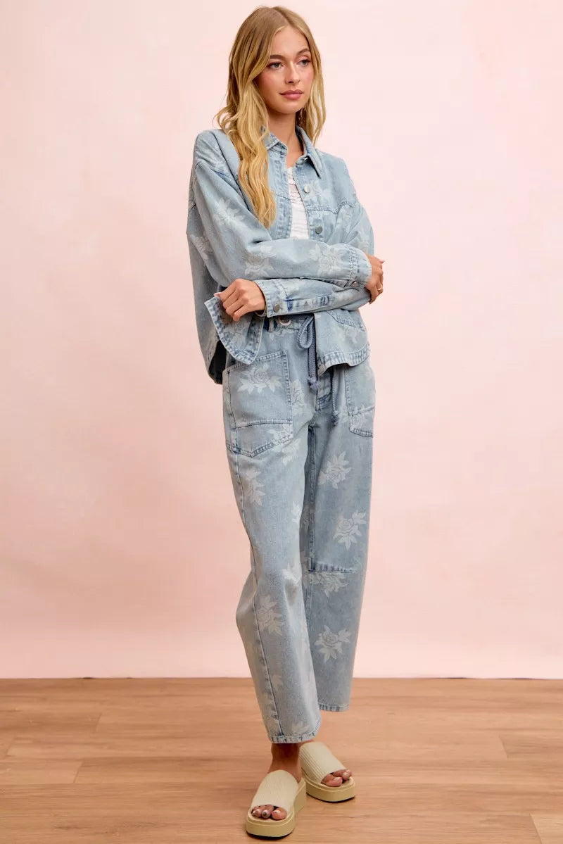 BiBi Printed Washed Denim Jacket With Pocket - DENIM - Bexa Boutique
