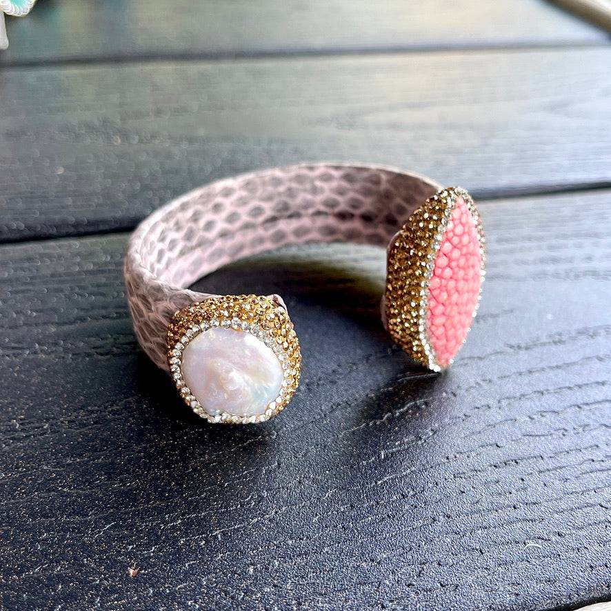Light Pink Snake Embossed Leather Cuff with Stingray Leather & Pearl Accents - Bexa Boutique