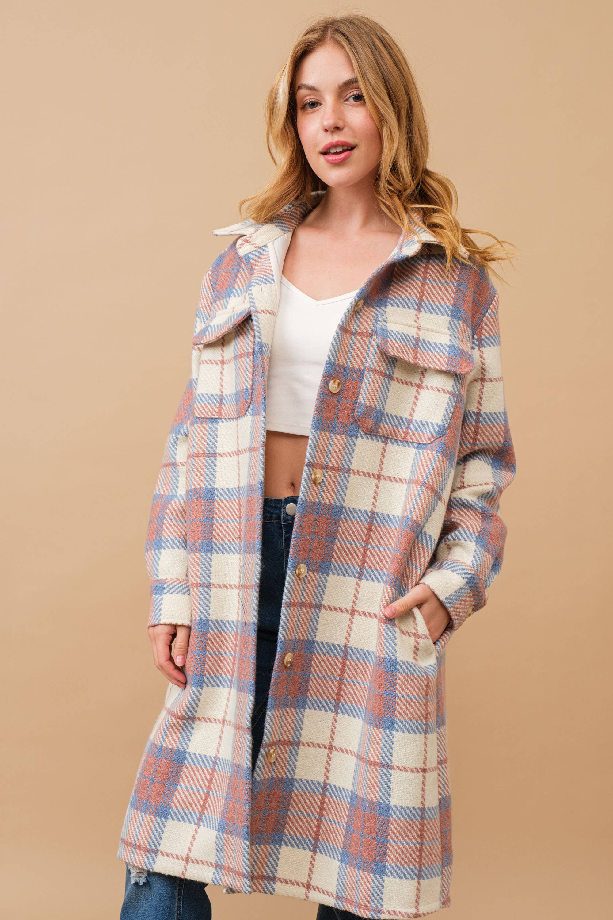 Yarn Dyed Button Up Pocket Front Long Jacket
