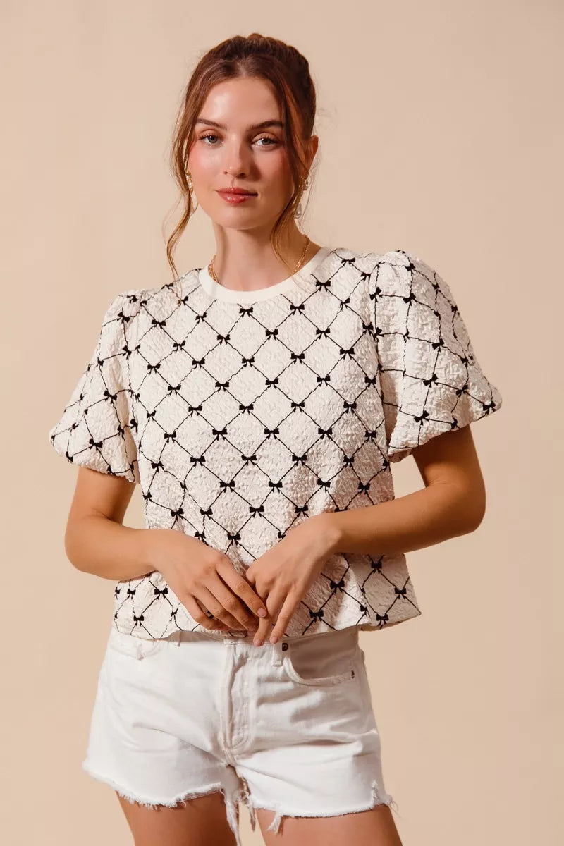 SO ME Bow Texture Woven Bubble Sleeve Top - IVORY - Bexa Boutique