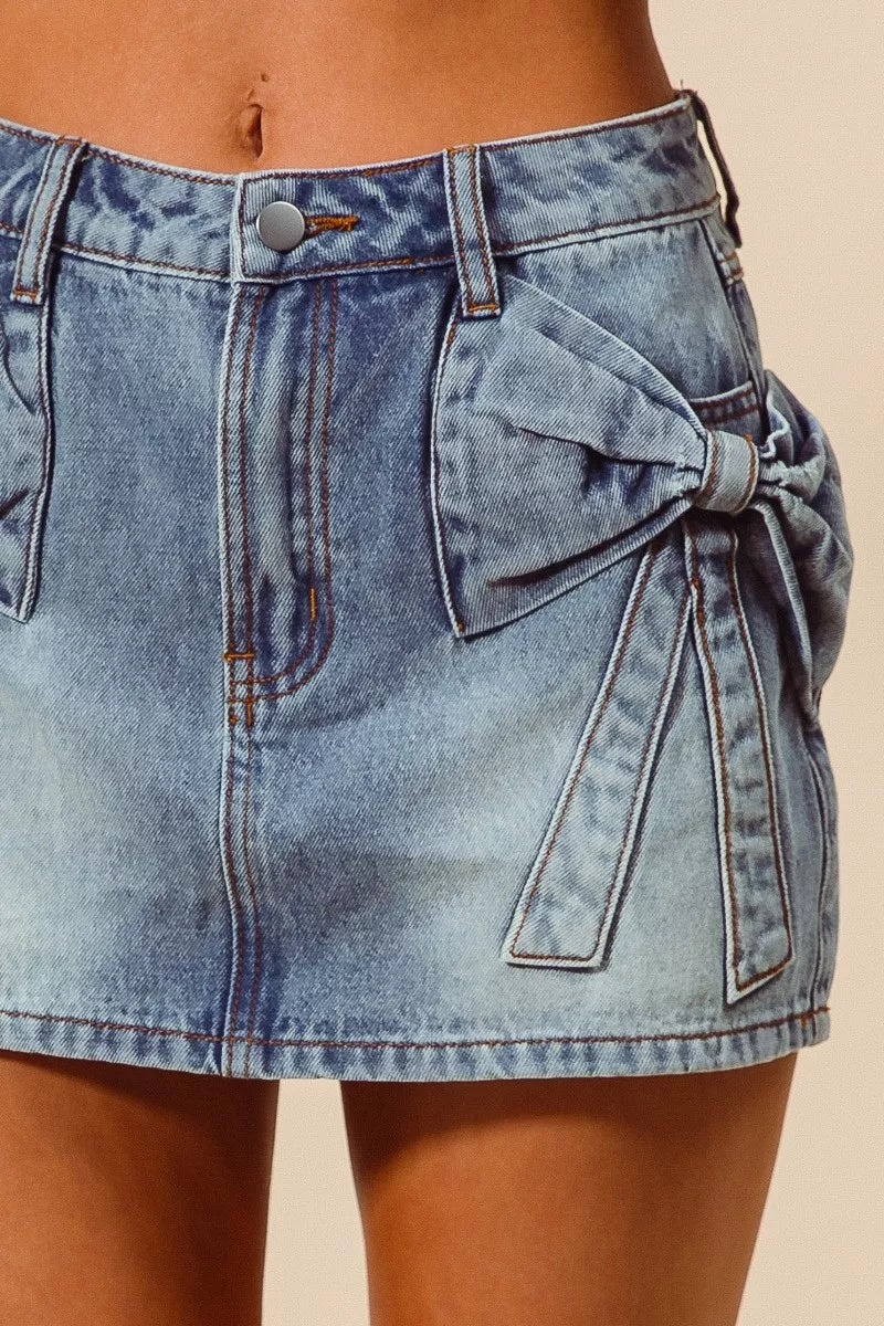 SO ME Bow Knot Pocket Denim Mini Skirt - DENIM - Bexa Boutique