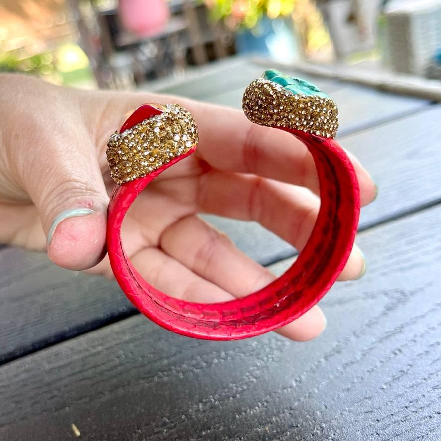 Red Coral Open Cuff Leather Bracelet with Rhinestone Embellishment