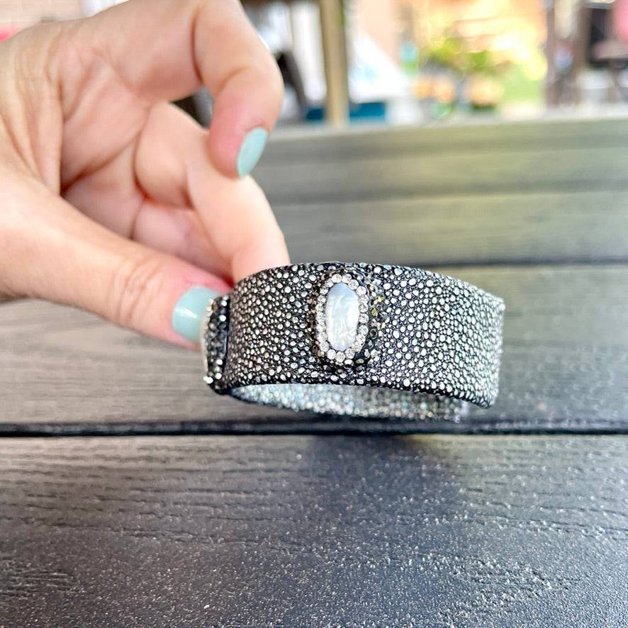 Stingray Gray Open Cuff Bracelet with Pearls and Rhinestones - Bexa Boutique