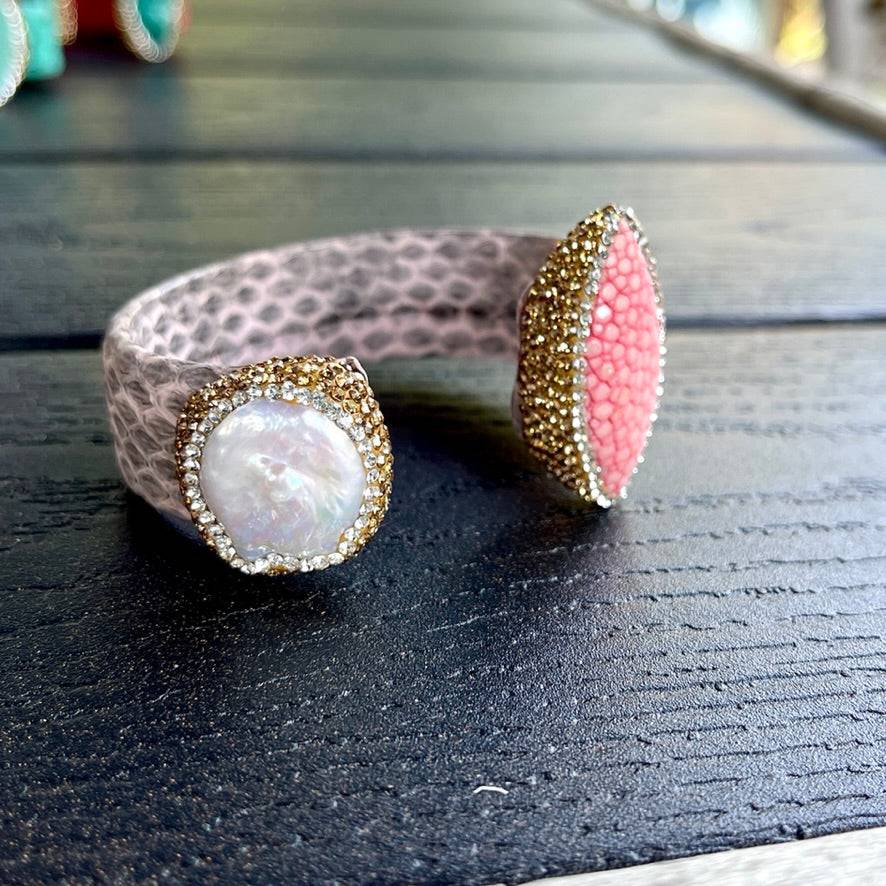 Light Pink Snake Embossed Leather Cuff with Stingray Leather & Pearl Accents - Bexa Boutique