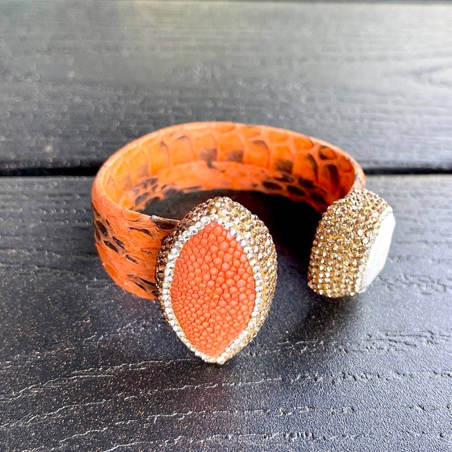 Orange Snake Embossed Leather Cuff with Stingray Leather & Pearl Accents - Bexa Boutique