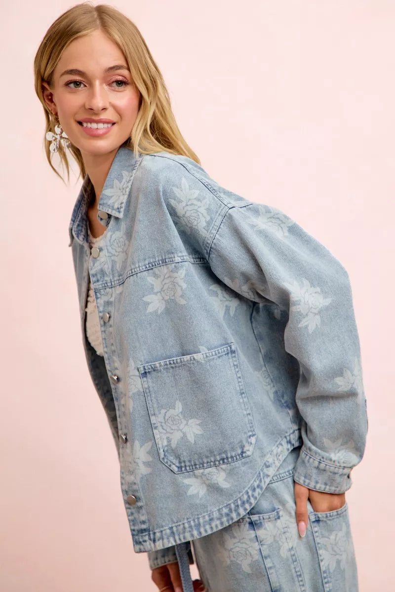 BiBi Printed Washed Denim Jacket With Pocket - DENIM - Bexa Boutique