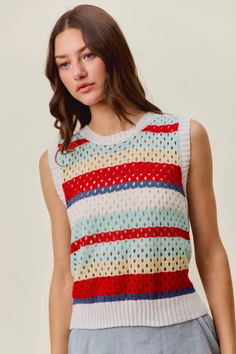 SO ME Tie Back Multi Stripe Sweater Knit Tank Top - RED MULTI - Bexa Boutique