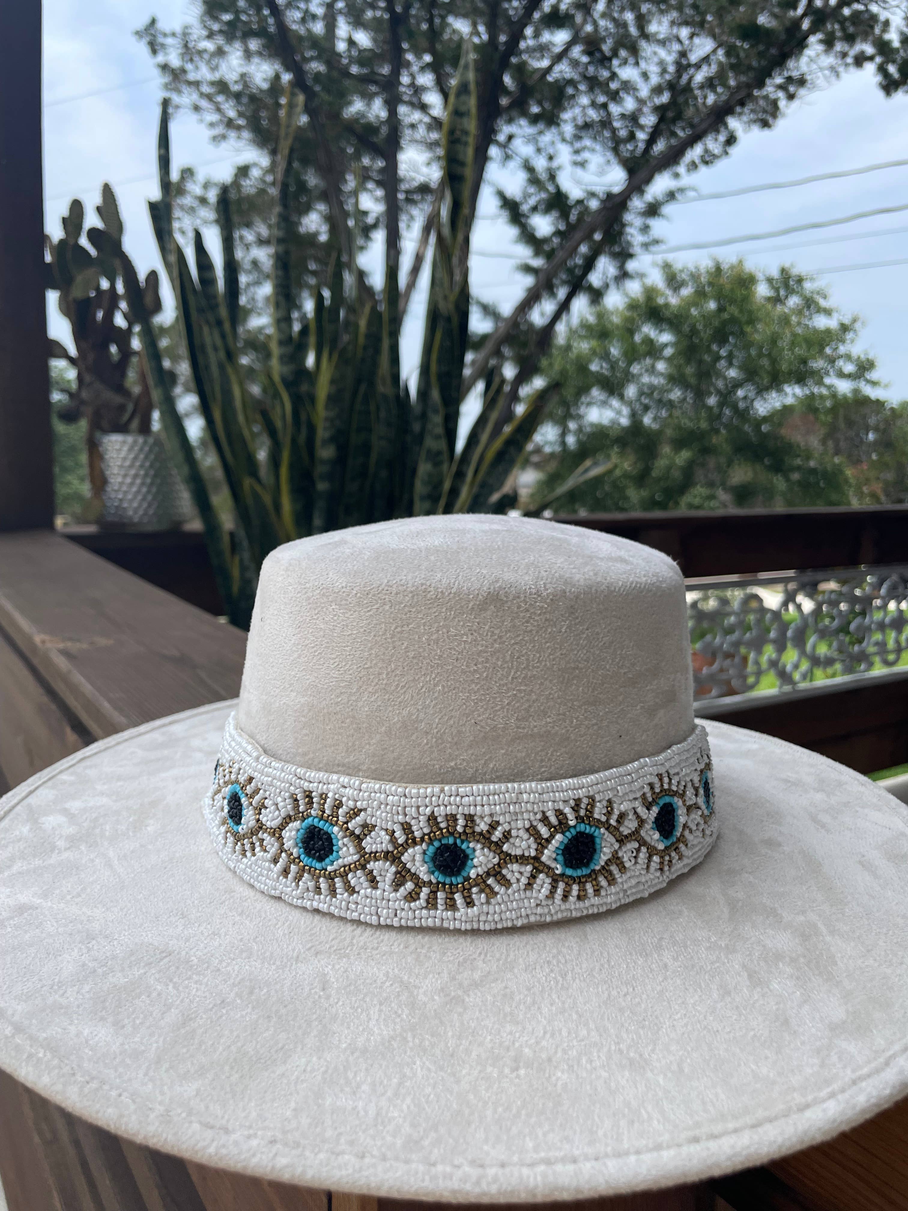 Hand beaded Evil Eye hat band 1.5” wide (white)